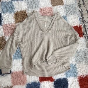 Free People V-Neck Ribbed Sweater in Light Taupe
